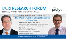 A graphic showing images of Adrian Hernandez and Sir Martin Landray with information for the upcoming Research Forum
